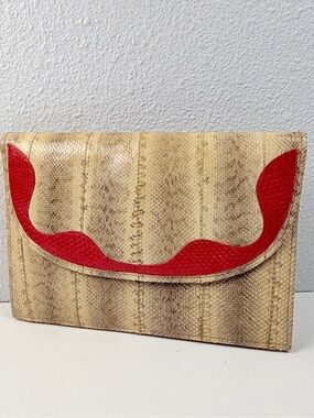 Vintage Nicole Saldana Genuine Snakeskin Red Trim Envelope Clutch Purse